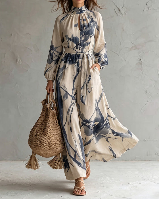 Stand Collar Hollow Tie Wide-Leg Jumpsuit