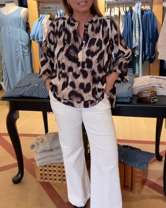 Loose Leopard Print Half Button Blouse