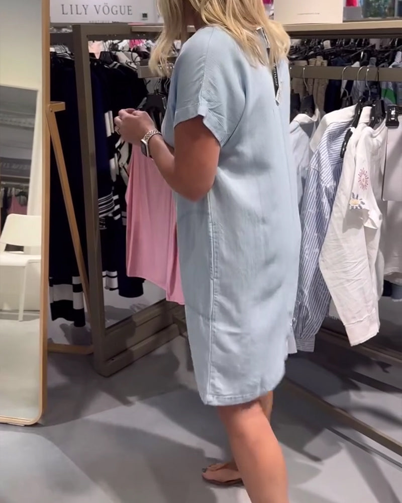 V-Neck Short Sleeve Denim Casual Dress