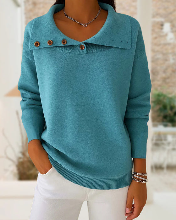 Buttoned Lapel Fashion Sweater