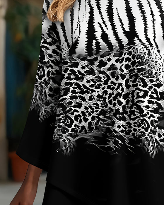 Round Neck Leopard Print Irregular Blouse
