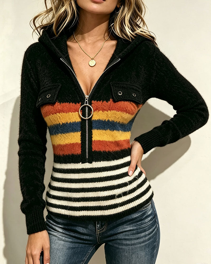 Color Block Striped Half Zip Hooded Knit Top