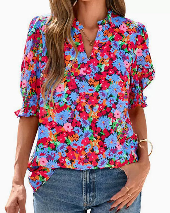 Floral Puff Short Sleeve Blouse