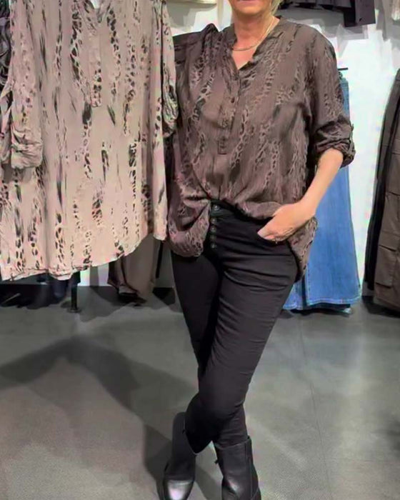 V-Neck Button Front Leopard Print Relaxed Blouse