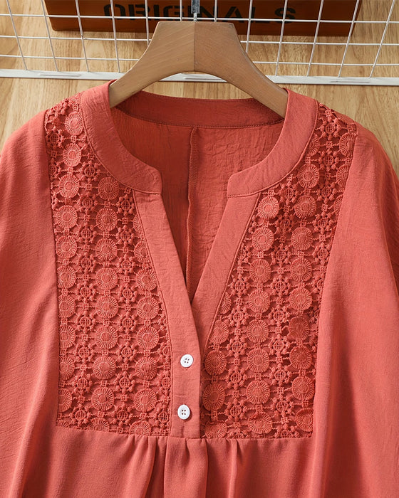 Lace Panel V-Neck Short Sleeve Blouse