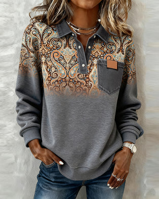 Fashionable Printed Collared Sweatshirt