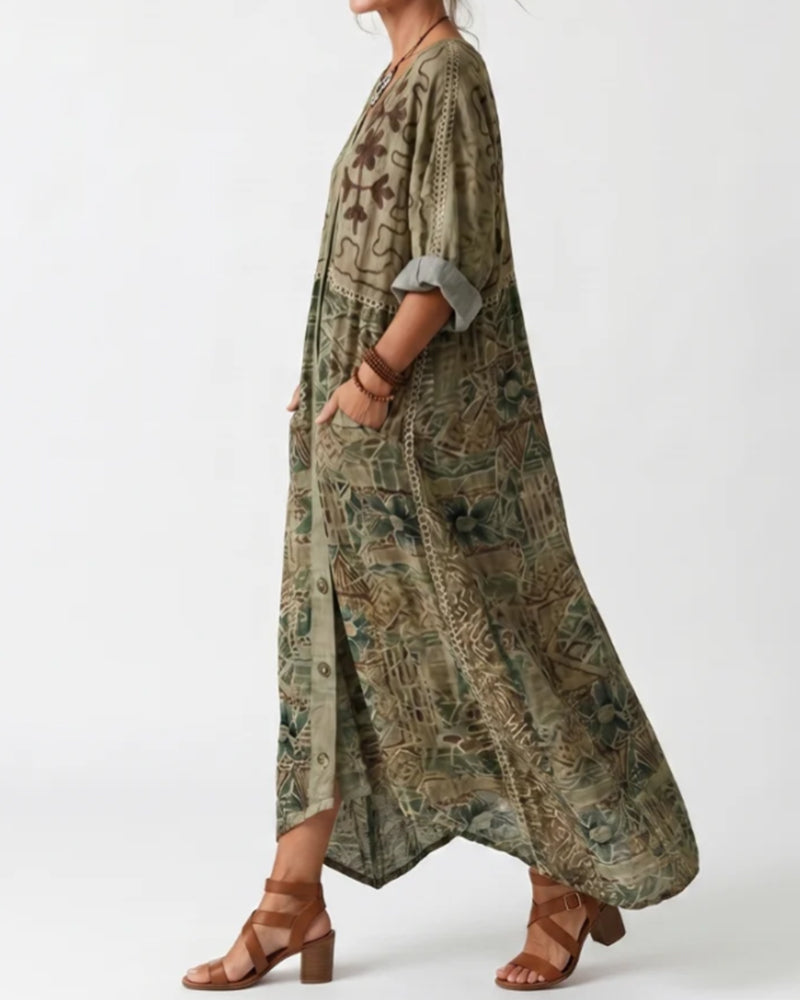 V-Neck Button Pocket Long Sleeve Dress
