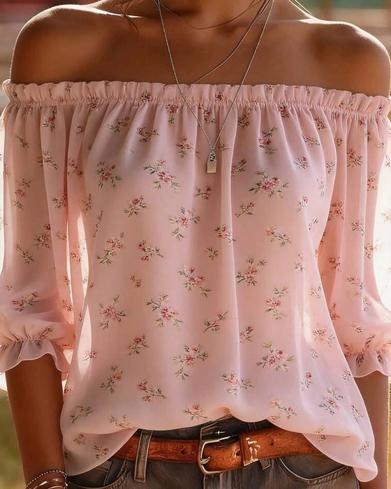 Off-Shoulder Floral Three-Quarter Sleeve Blouse