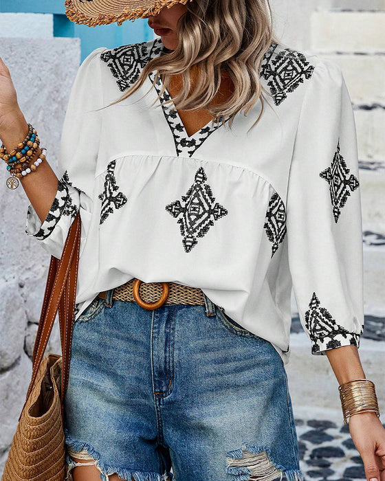 V-Neck Diamond Print Three-Quarter Sleeve Blouse
