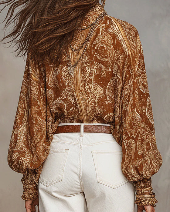 V-Neck Print Casual Blouse