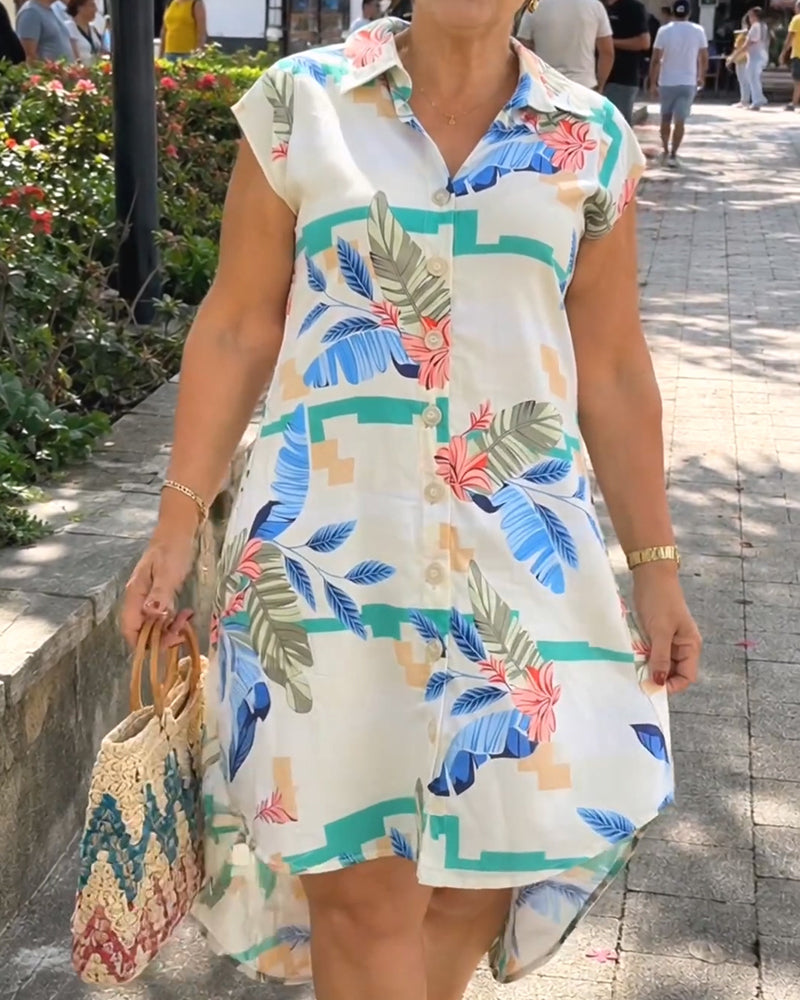 Leaf Print Lapel Shirt Dress