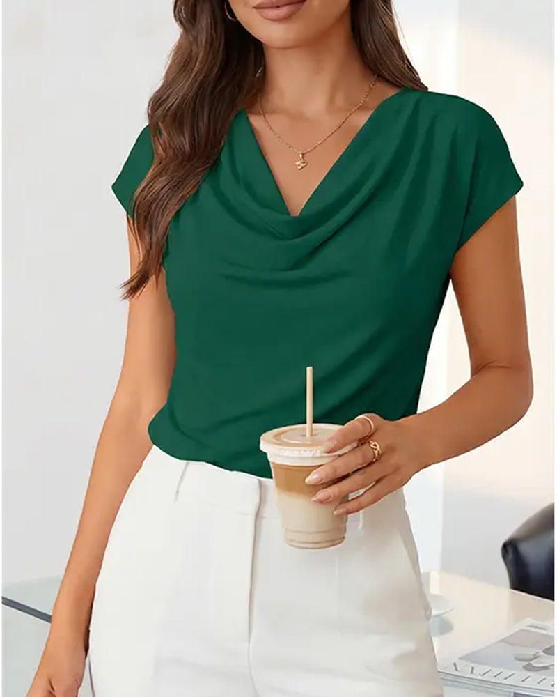 Draped Cowl Neck Short Sleeve T-Shirt