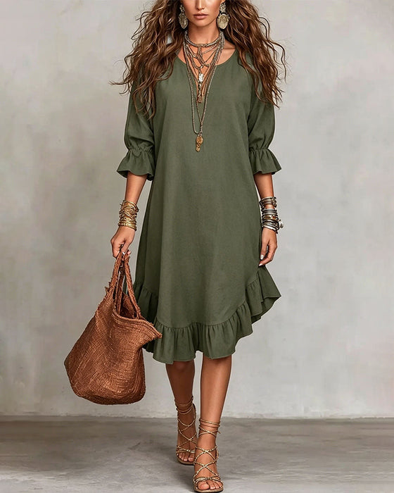 Casual V-Neck Ruffle Midi Dress