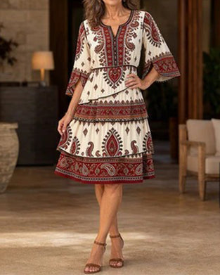 Printed Crew Neck Short-Sleeve Dress