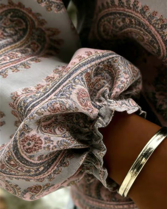 Paisley Pattern V-Neck Lantern Sleeve Blouse