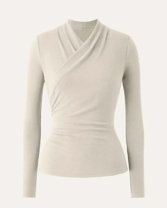 Cross V-neck Pleated Waist Long-sleeve Top