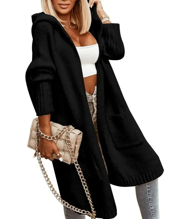 Hooded Pocket Open Front Knit Cardigan