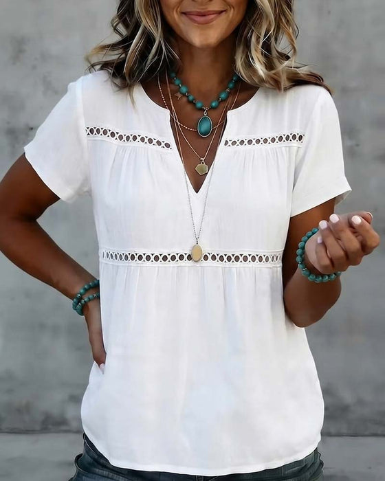 V-Neck Hollow Out Solid Blouse