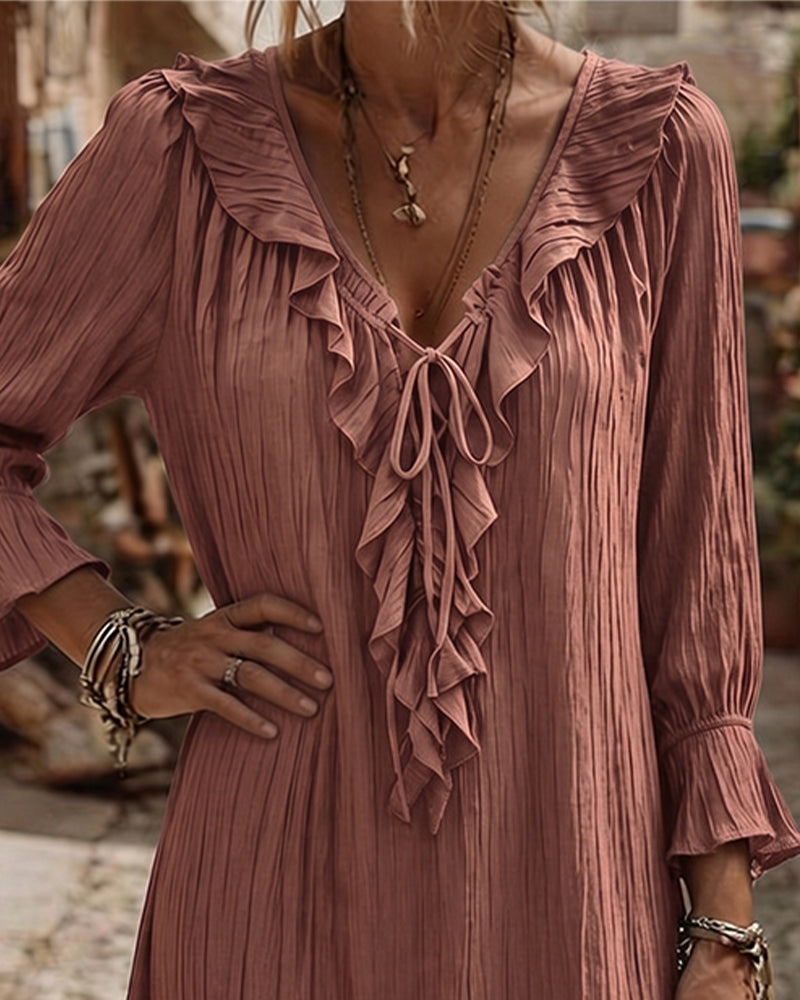 Ruffle Collar Tie Three Quarter Sleeve Dress