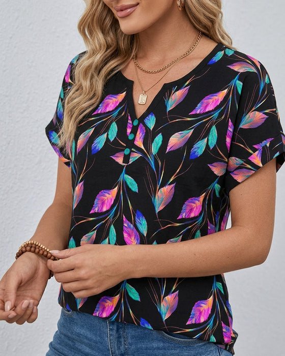 Printed Rolled Cuff V-Neck T-Shirt