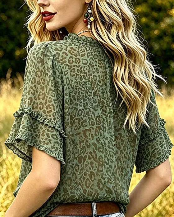 Green-Toned Leopard Print Ruffle Blouse