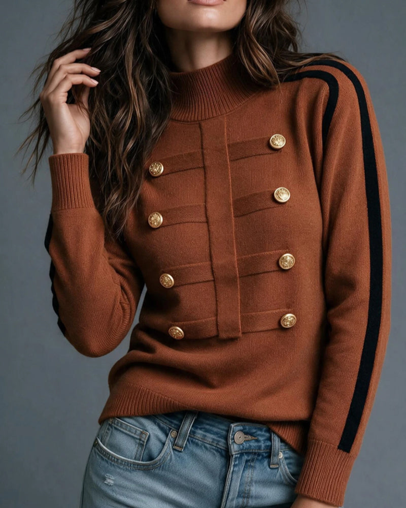 Turtleneck Metal Button Color Block Pullover