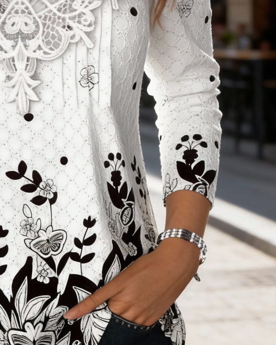 Long-Sleeved Patchwork Printed Top