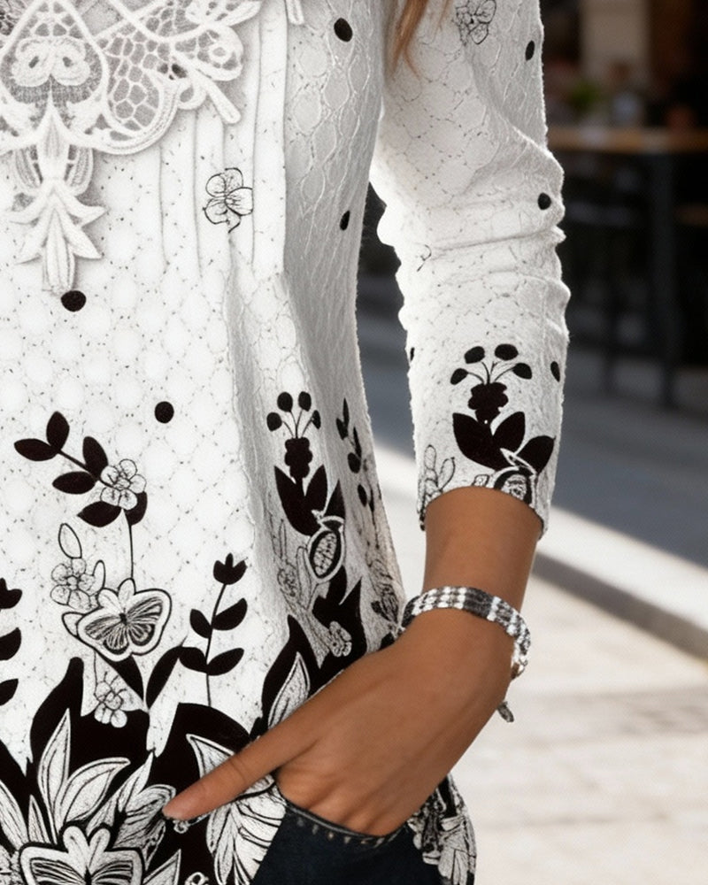 Long-Sleeved Patchwork Printed Top