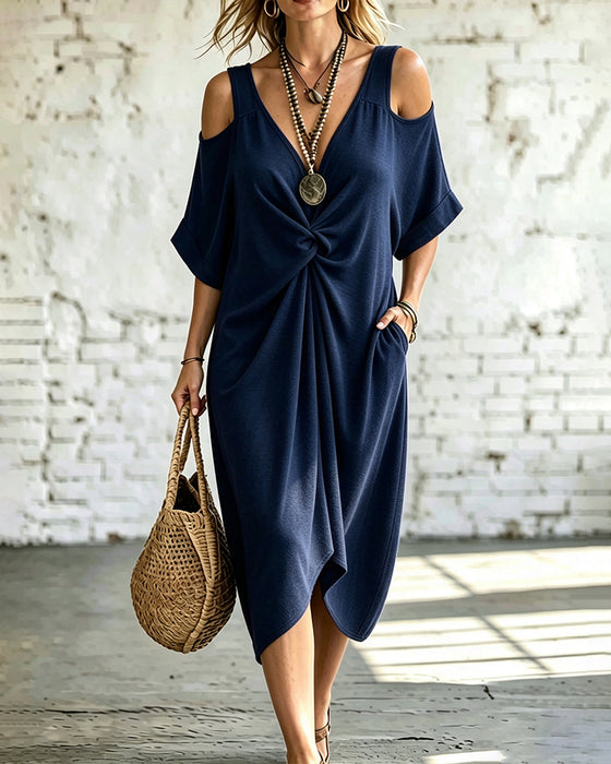 Solid Color Cold Shoulder Shirred Dress