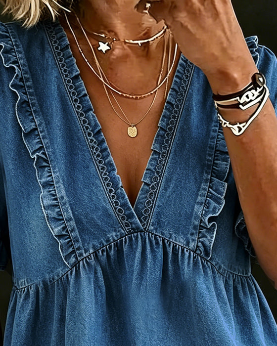 V-Neck Short Sleeve Ruffle Bubble Blouse