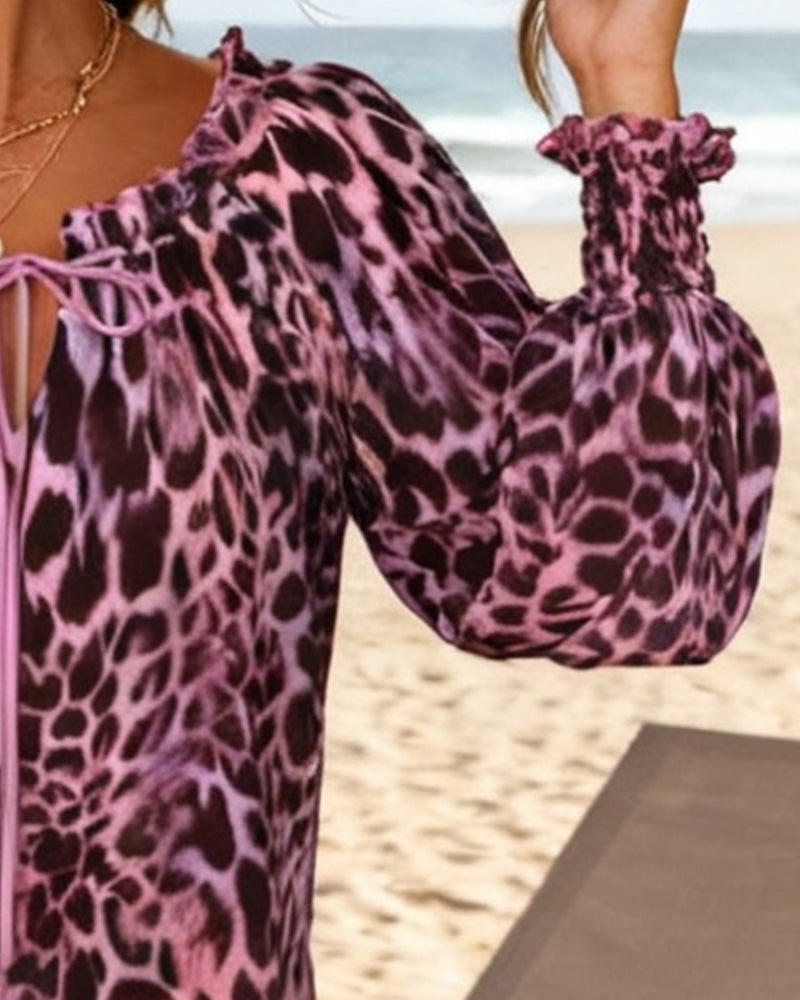 Lantern Sleeve Tie Leopard Print Blouse