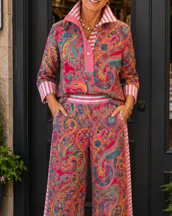 Lapel Stripe Print Shirt + Wide Leg Pants Set