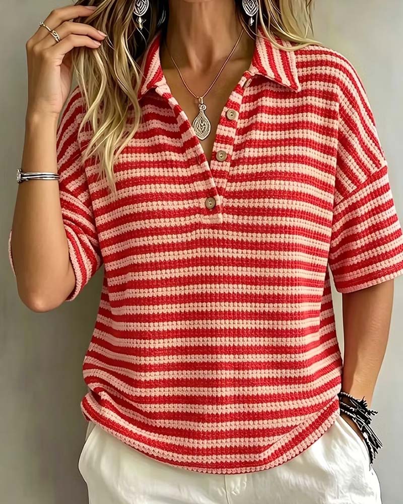 Polo Collar Striped Button-Front Blouse