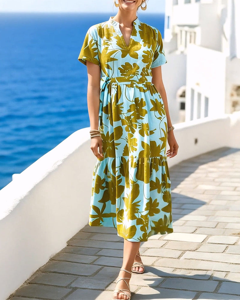 Color Block Large Floral Waist Tie Dress