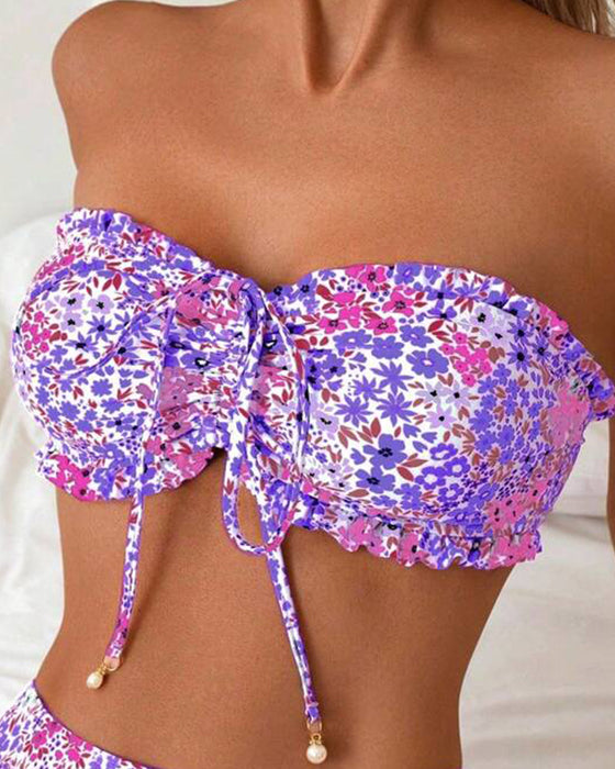 Fresh Floral Print Strapless Bikini
