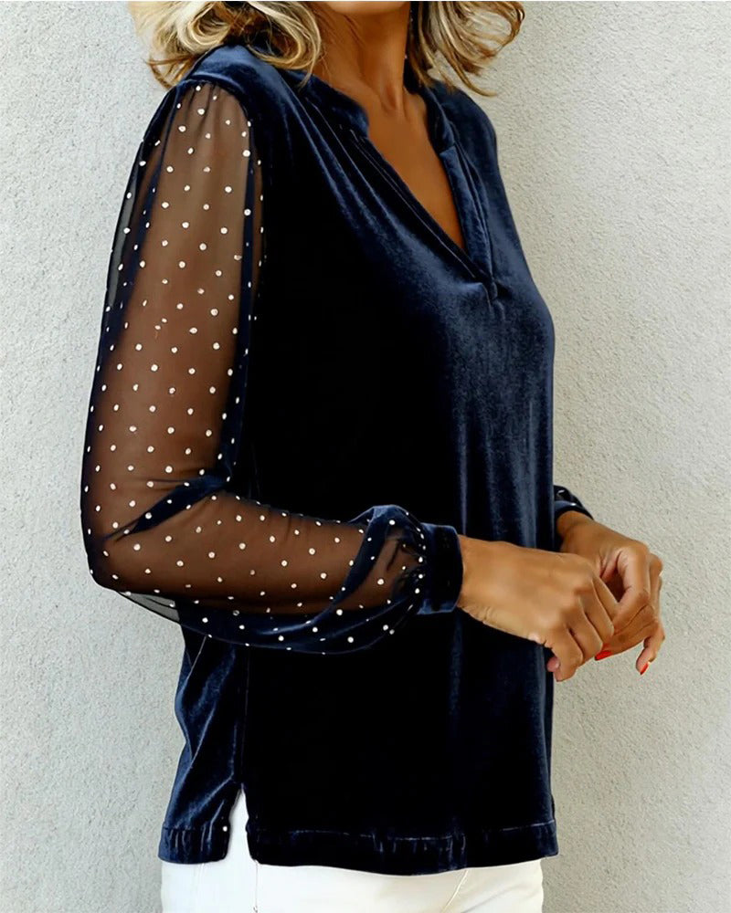 Long-Sleeved Velvet V-Neck Top