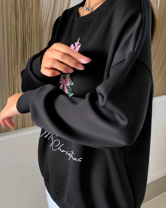 Crew Neck Christmas Long Sleeve Print Sweatshirt