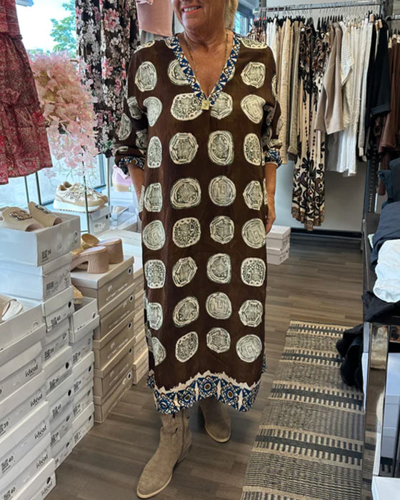 Long-Sleeved V-Neck Printed Dress